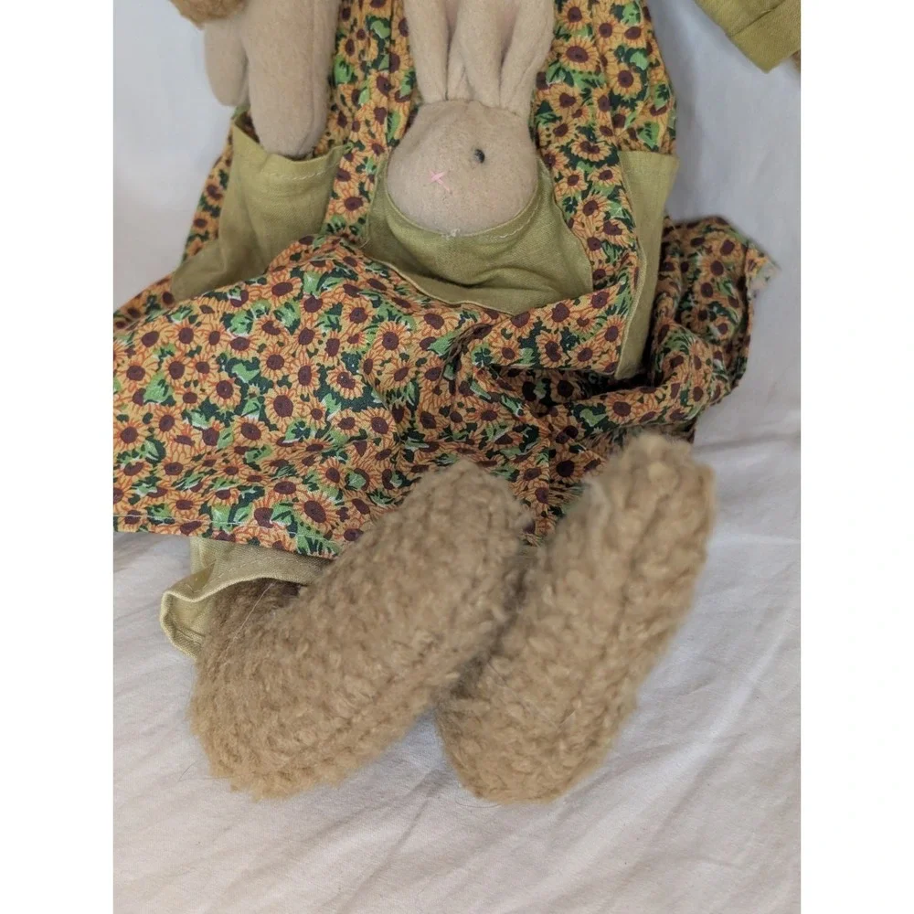 Vintage Long Eared‎ Bunny In Sunflower Dress With Two Bunnies Easter Home Decor